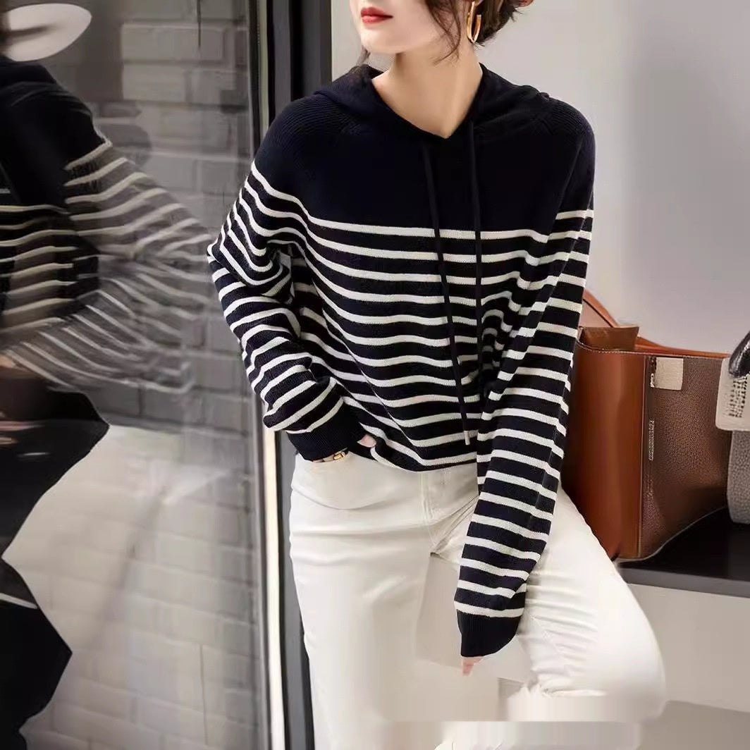 Women's Wool Knitted Hooded Sweater Pullover Stripe Loose