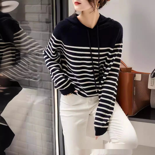Women's Wool Knitted Hooded Sweater Pullover Stripe Loose