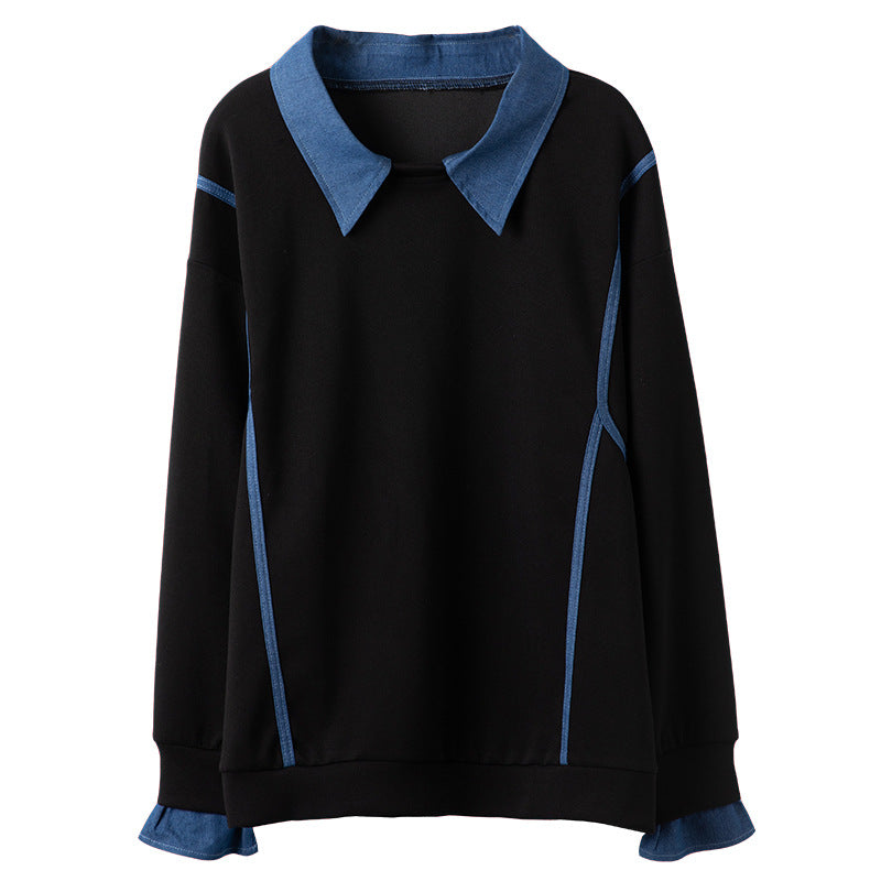 Denim Color Contrast Patchwork Lapel Sweater