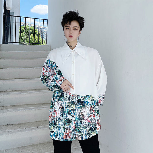 Graffiti Architecture Hand-painted Print Asymmetric Loose Shirt Men