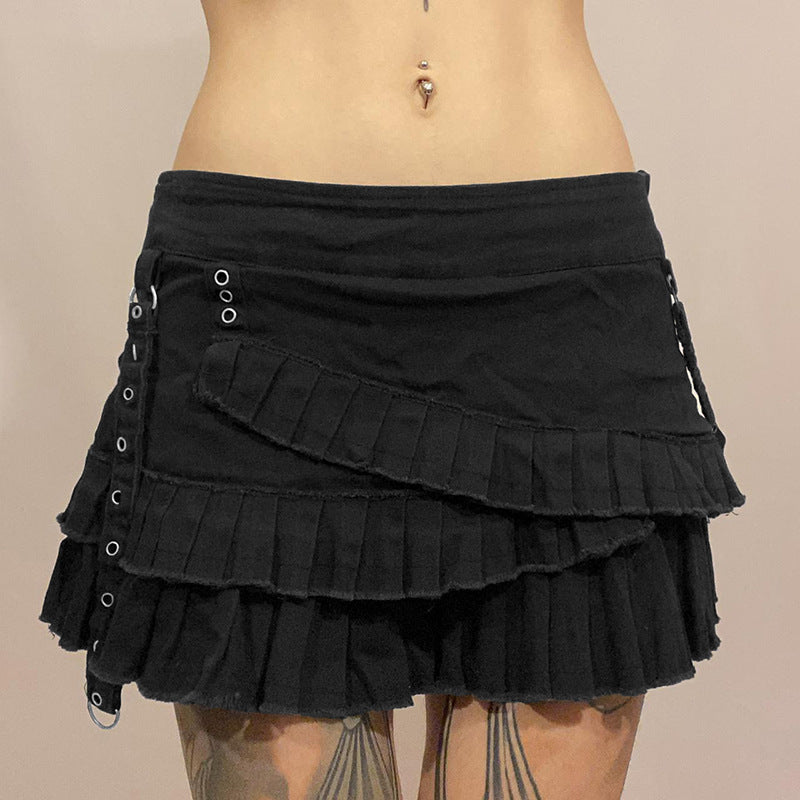 Metal Buckle Irregular Pleated Denim Skirt