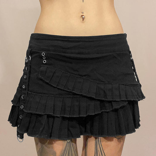 Metal Buckle Irregular Pleated Denim Skirt