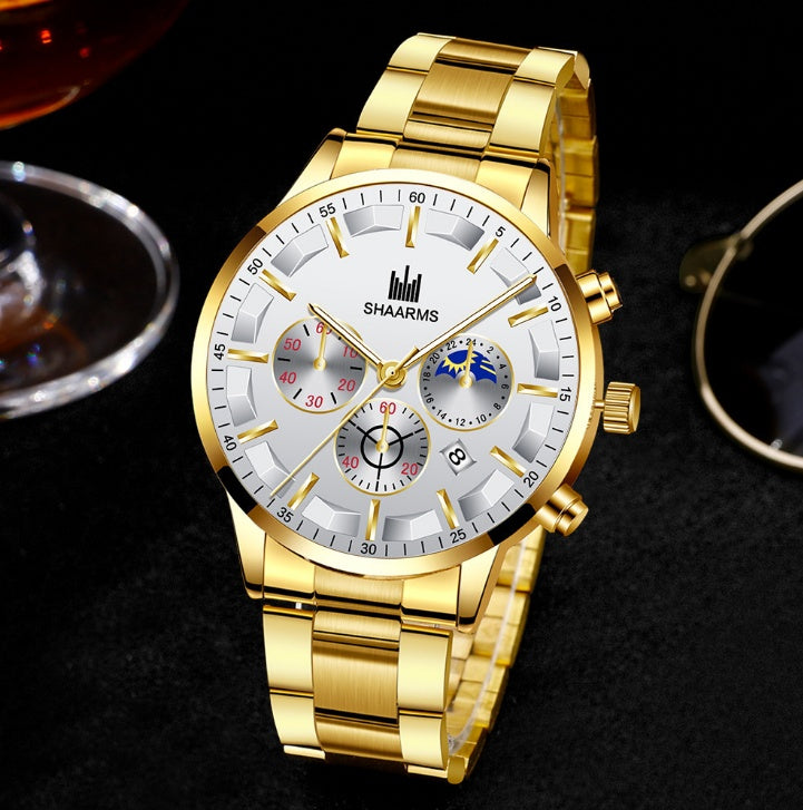 Stylish Round Large Dial Three-eye Calendar Quartz Watch