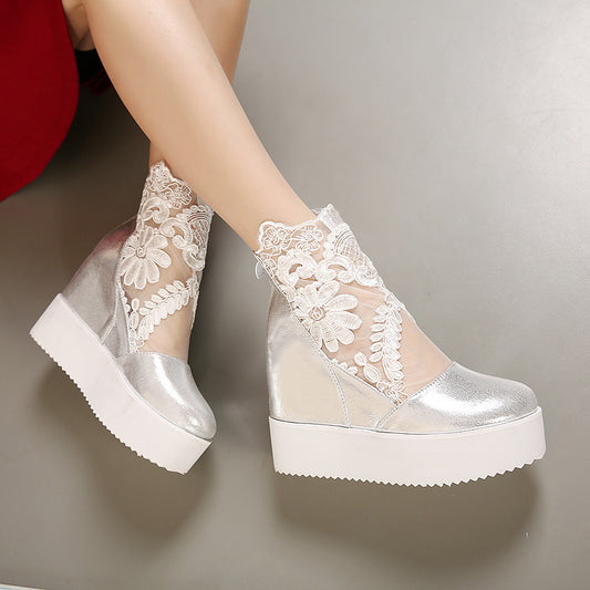 Lace Hollow Inner Heightening Waterproof Platform Slope Heel Sandals