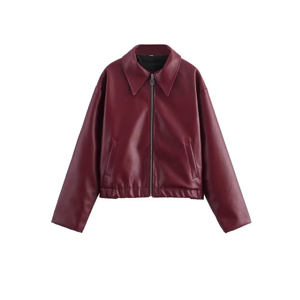 Cappotto in pelle da donna con collo a rever e maniche lunghe