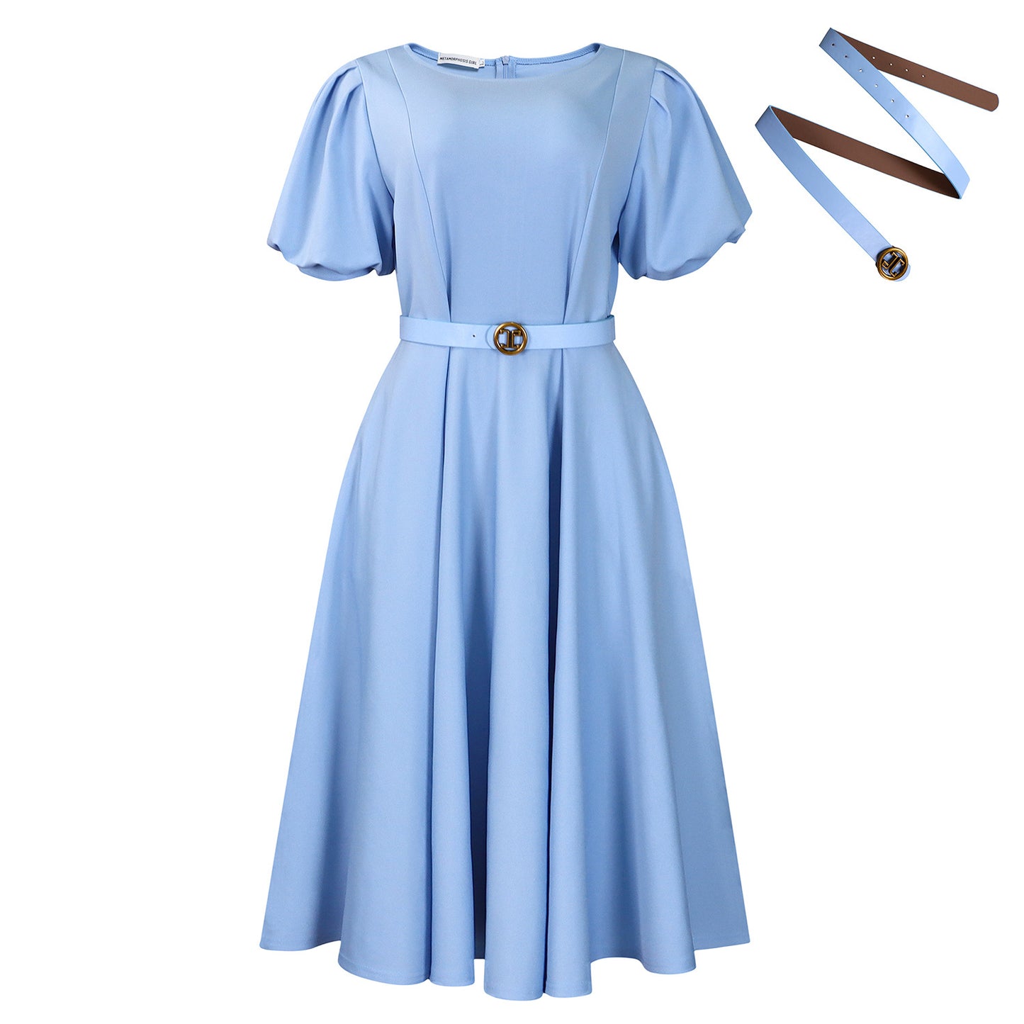 Elegant High-waisted Solid-color Round-neck Dress With Fashionable Balloon Sleeves