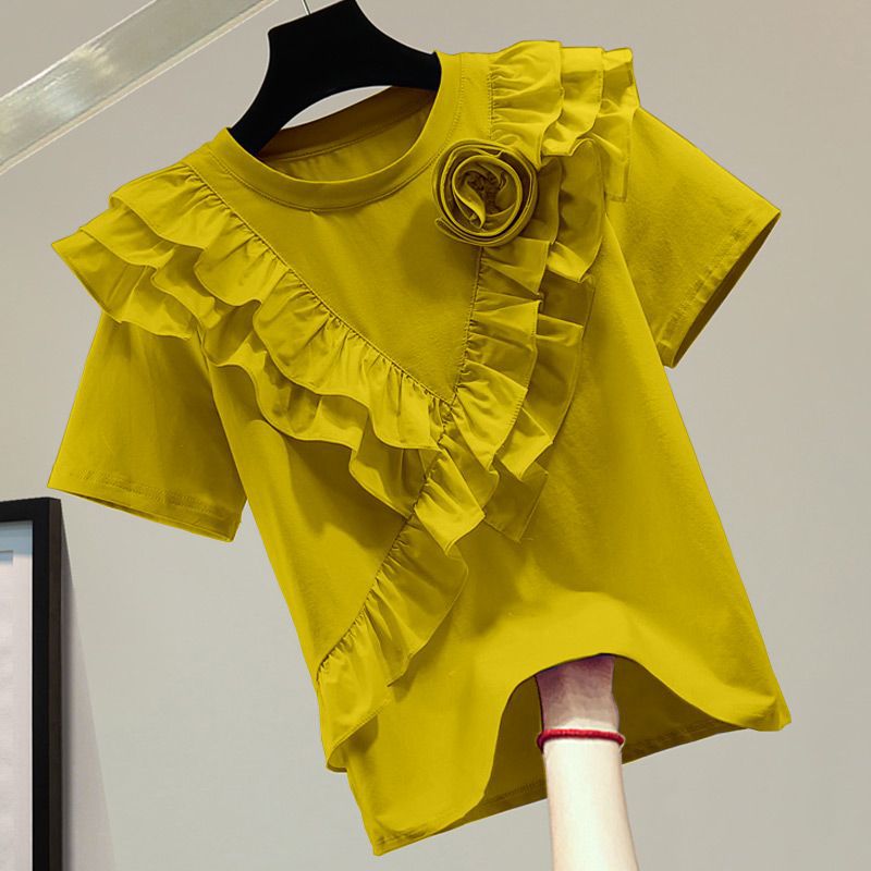 Women's Loose Slimming Flounce All-match Solid Color Short Sleeve