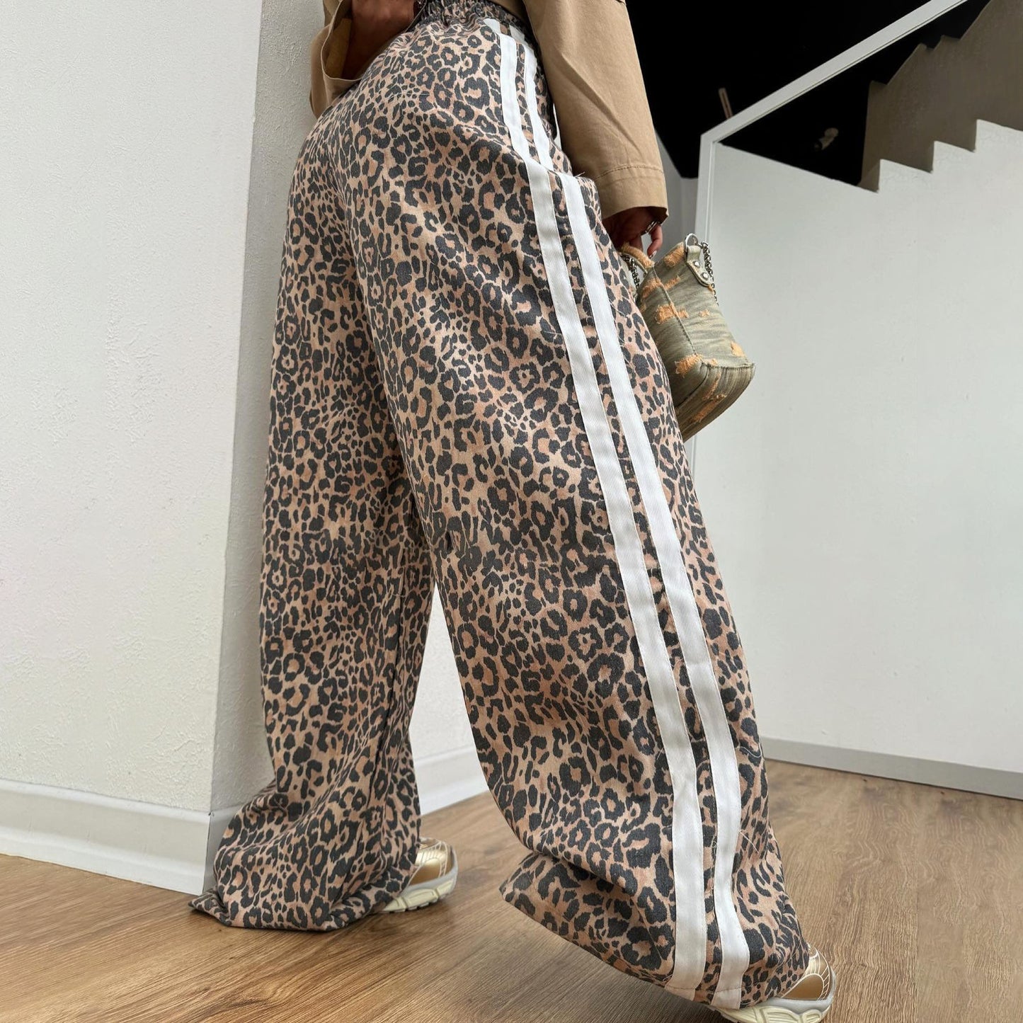 Leopard Print Mop Pants Women's Retro Side Striped Loose Wide-leg Pants