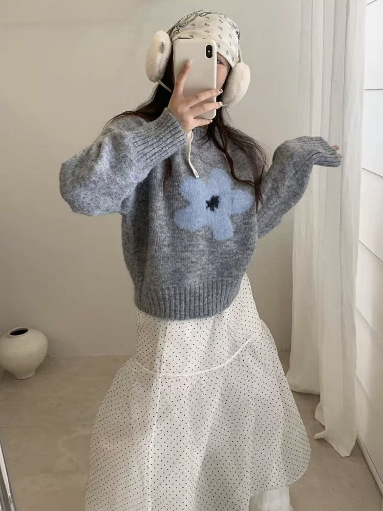 Early Autumn Versatile Casual Floral Round Neck Knitted Long Sleeve Top