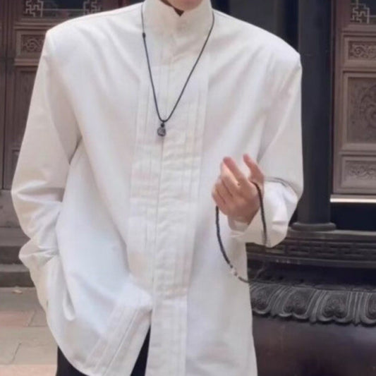 Mens New Chinese-Style Stand Collar White Shirt With A Sophisticated High-End National Style