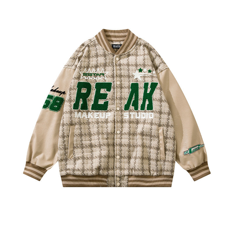 Men's Retro Plaid Flocking Embroidered Baseball Jacket