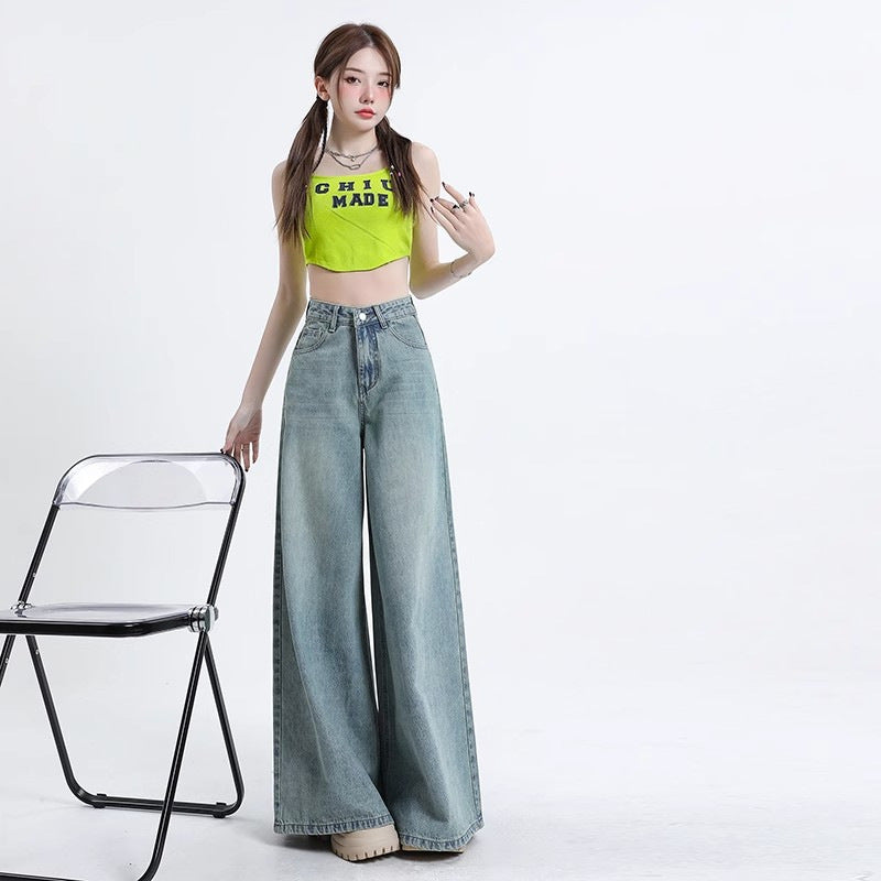 Vaskede vintage wide leg jeans til kvinder, forår og efterår, ny kollektion