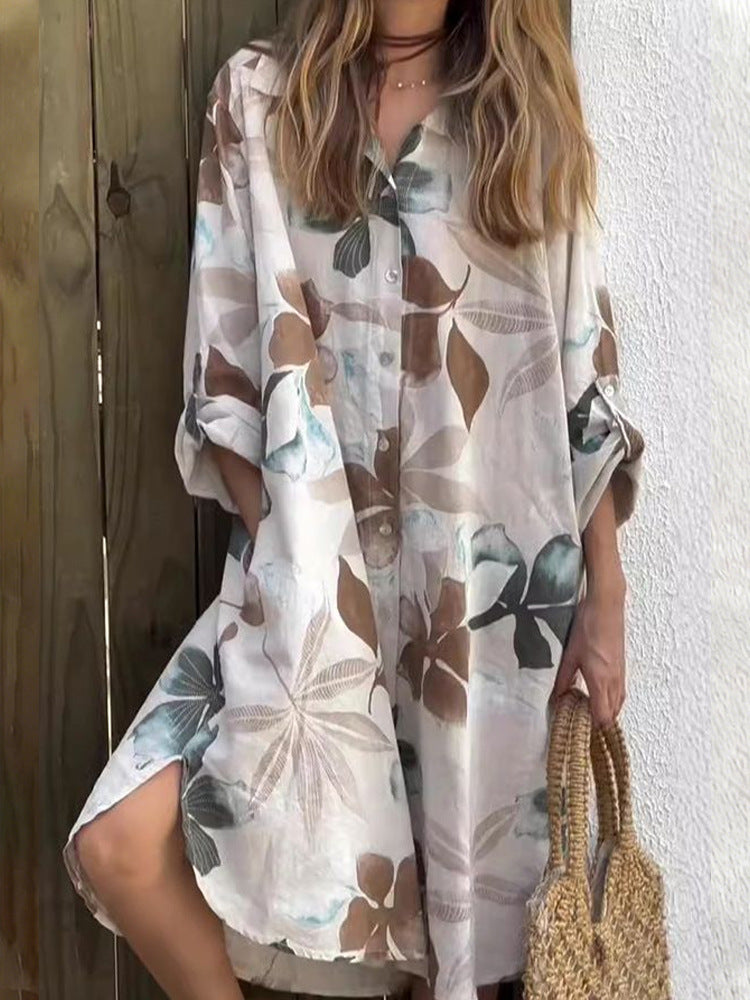 New Womens Printed Short Sleeve Shirt Dress