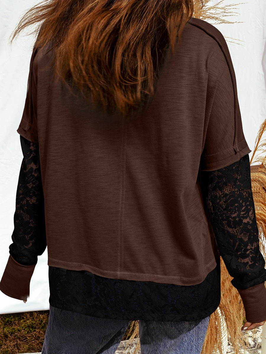 Light French Beige Sheer Lace Patchwork Casual Long-Sleeve T-Shirt