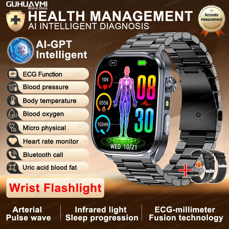 2025 New ECG+PPG AI Healthy Diagnose Smart Watch Men Blood Lipid Uric Acid BT Call Flashlight Blood Pressure Health Smartwatch