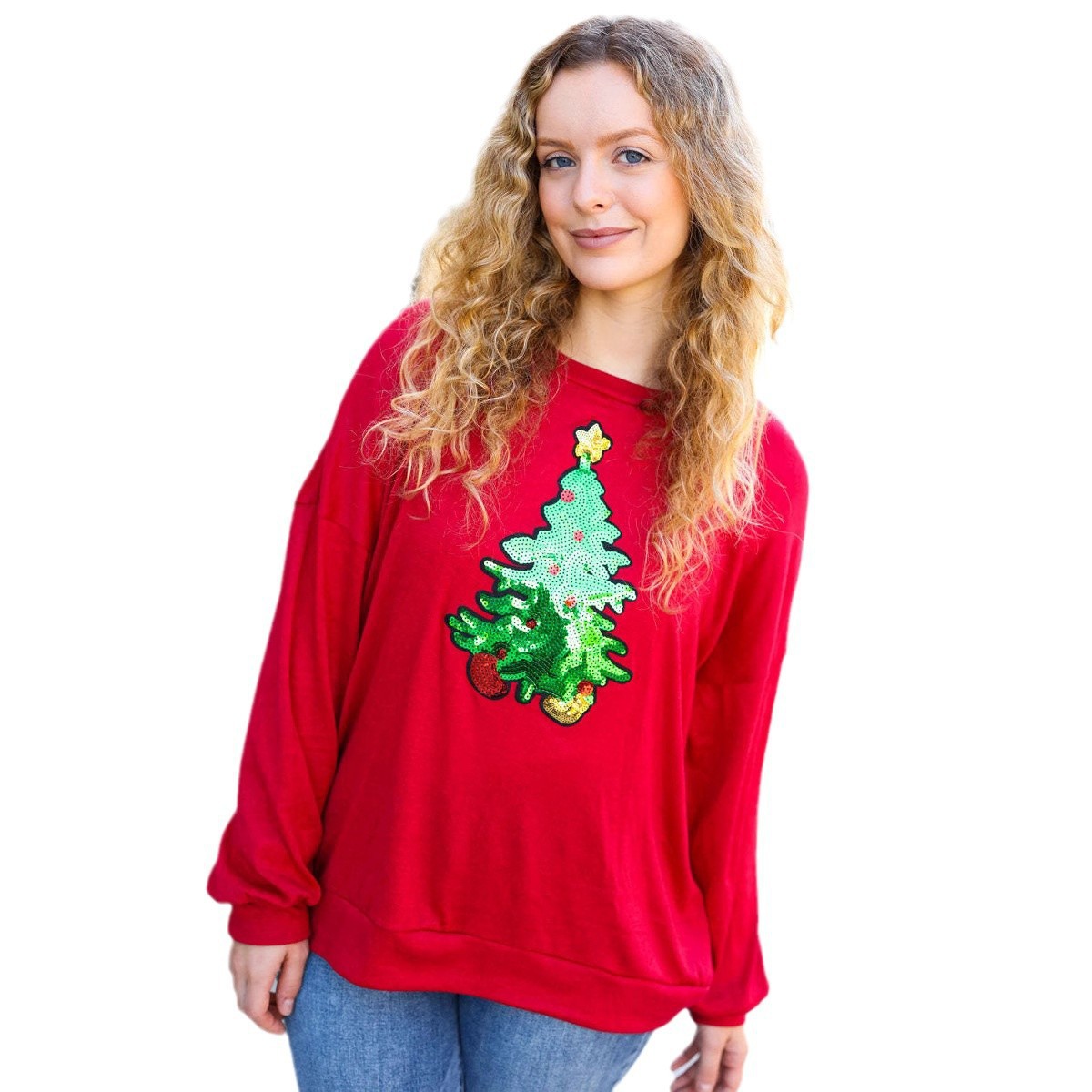 Europæisk og amerikansk juletræsfestival, pailletter, løs sweatshirt til kvinder
