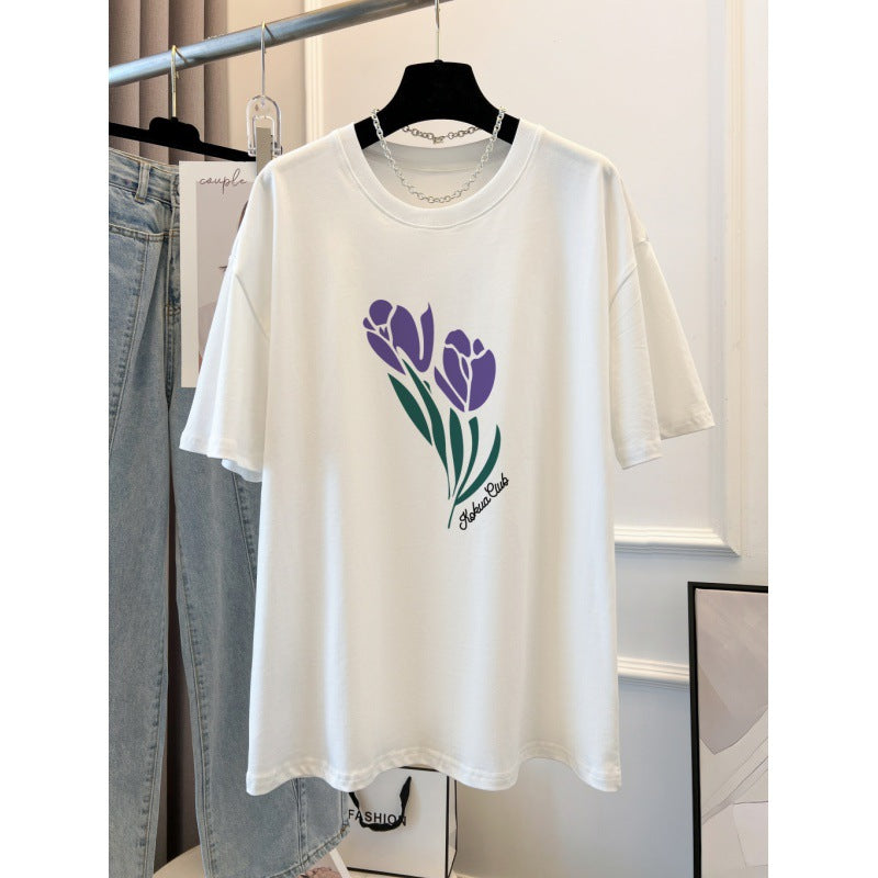 Combed Cotton Printed Summer Clothing Short Sleeve T-shirt Women's Loose Korean Style