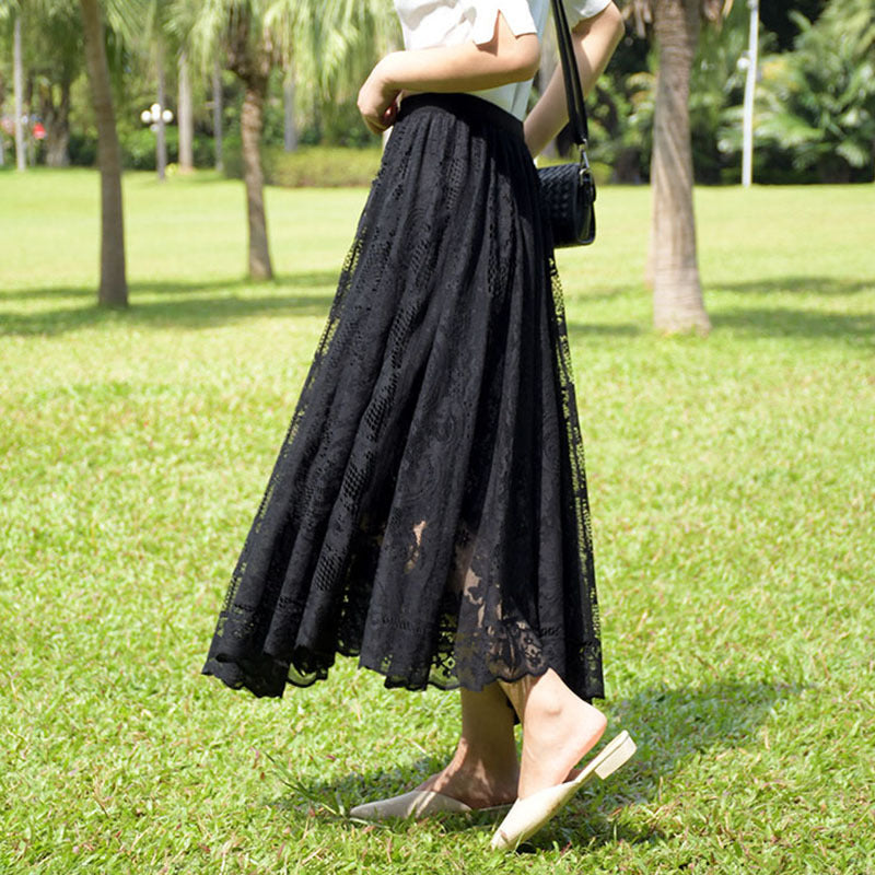 Korean Style High Waist Slimming Hollow-out Crocheted Lace Skirt