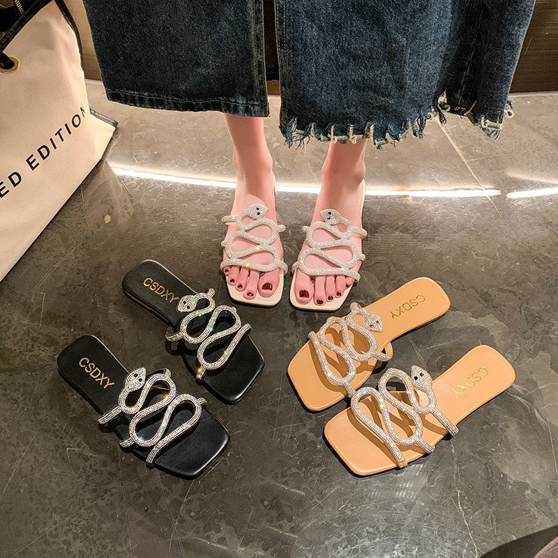 Large Size Flat Bottom Women's Rhinestone Flat Slippers