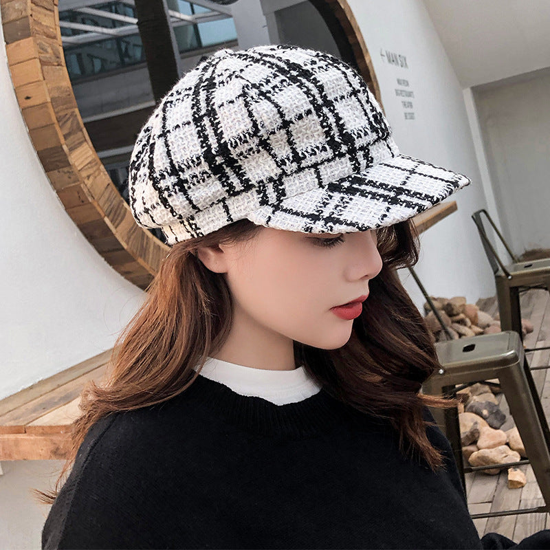 Retro Literary Octagonal Hat Plaid Beret
