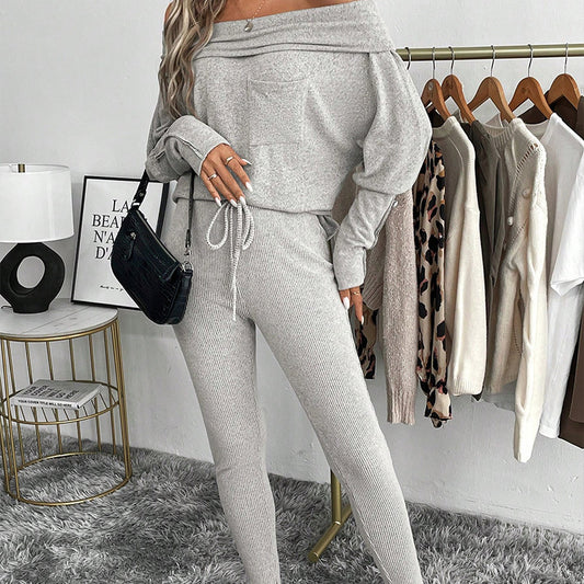 Stylish Casual Lace-up Off-shoulder Athletic Pants With Matching Long Top