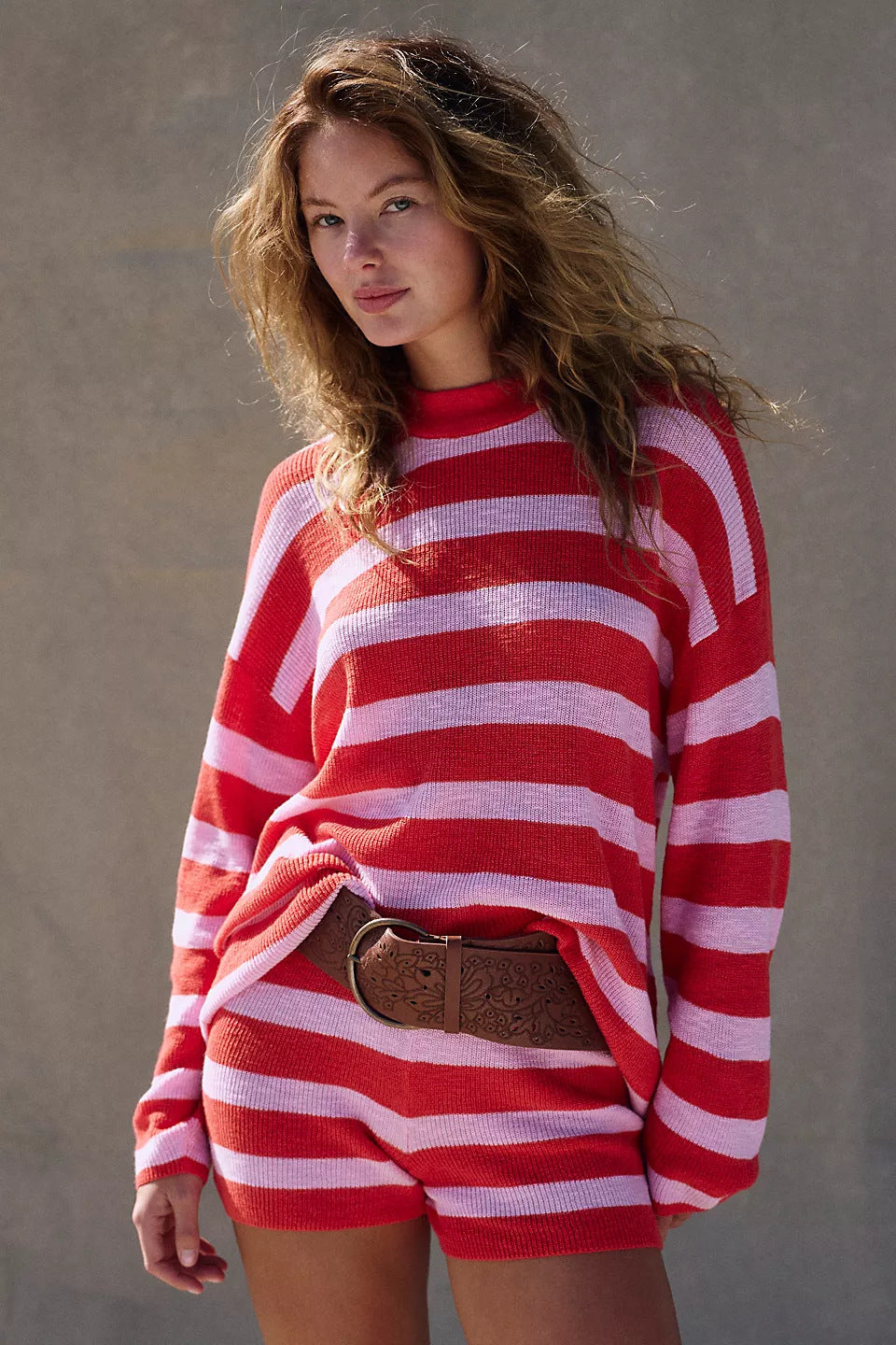 Stylish And Minimalist Striped Womens Two Piece Set