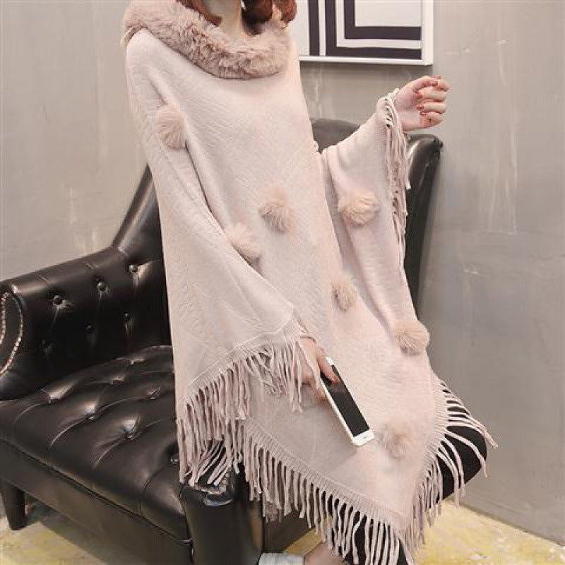 Loose Outer Wear Fur Collar Bat Shirt With Hand-woven Tassels