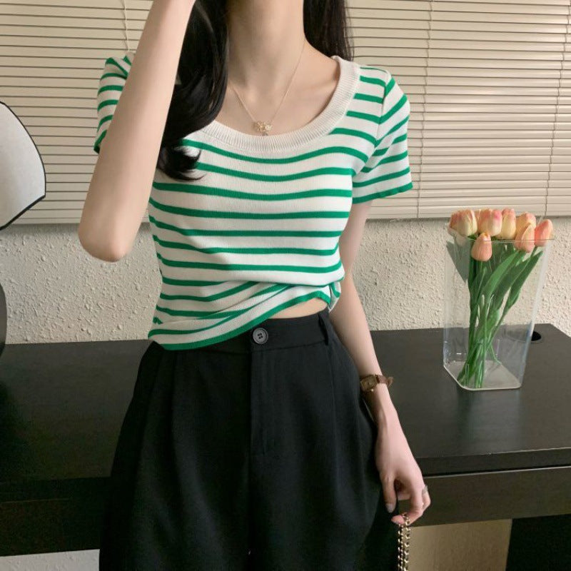 Casual Short-sleeved Slim-fit Striped T-shirt