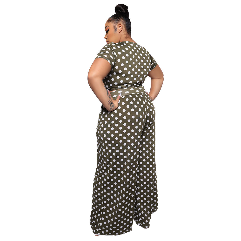 Women's Fashionable Casual Plus-Size Two-Piece Set With Polka-Dot Print