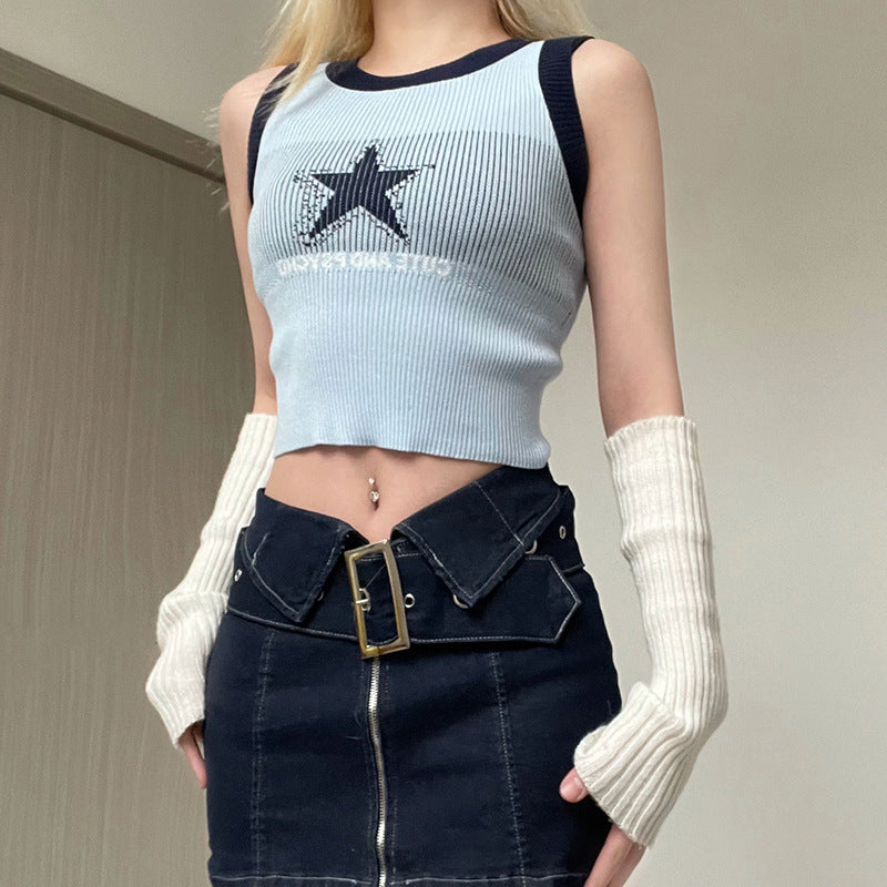 Star Contrast Color Vest Sleeveless Slimming Short Top