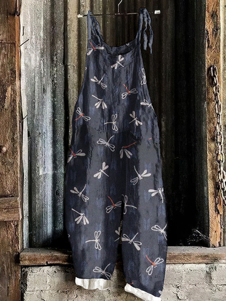 Women's Suspended Pants Sweet Printed Vintage Suspender Pants