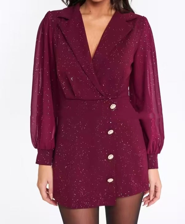 Mesh V-neck Sequin Lantern-sleeve Jumpsuit