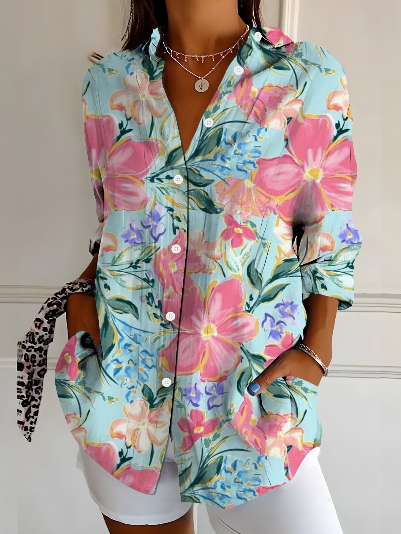 Womens Vibrant Colorful Floral-patterned Long-sleeve Shirt