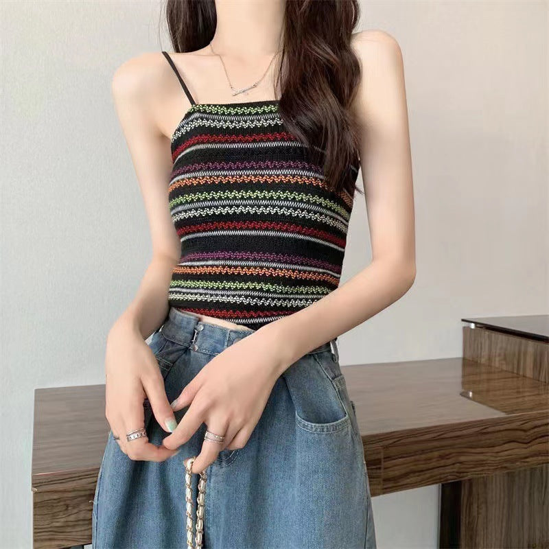 Colorful Striped Knitted Small Suspender Women's Vest