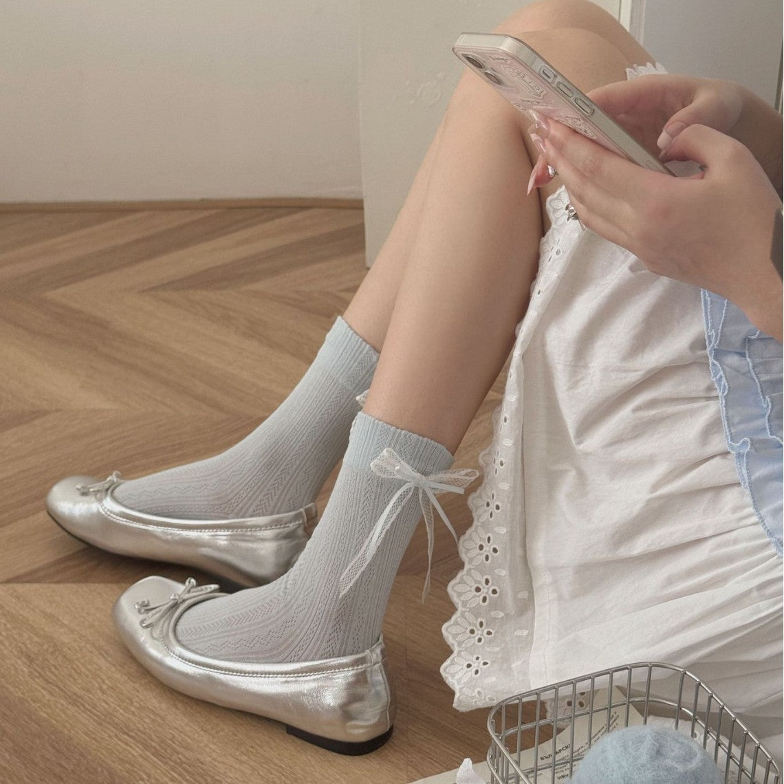 Summer Thin Boneless Ballet Style Ins Japanese Girl Lace Bow Ribbon Socks Women's Mid Tube Stockings