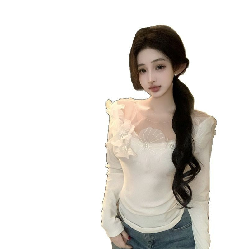 Womens Lace Fashionable Slim-Fit Floral T-Shirt