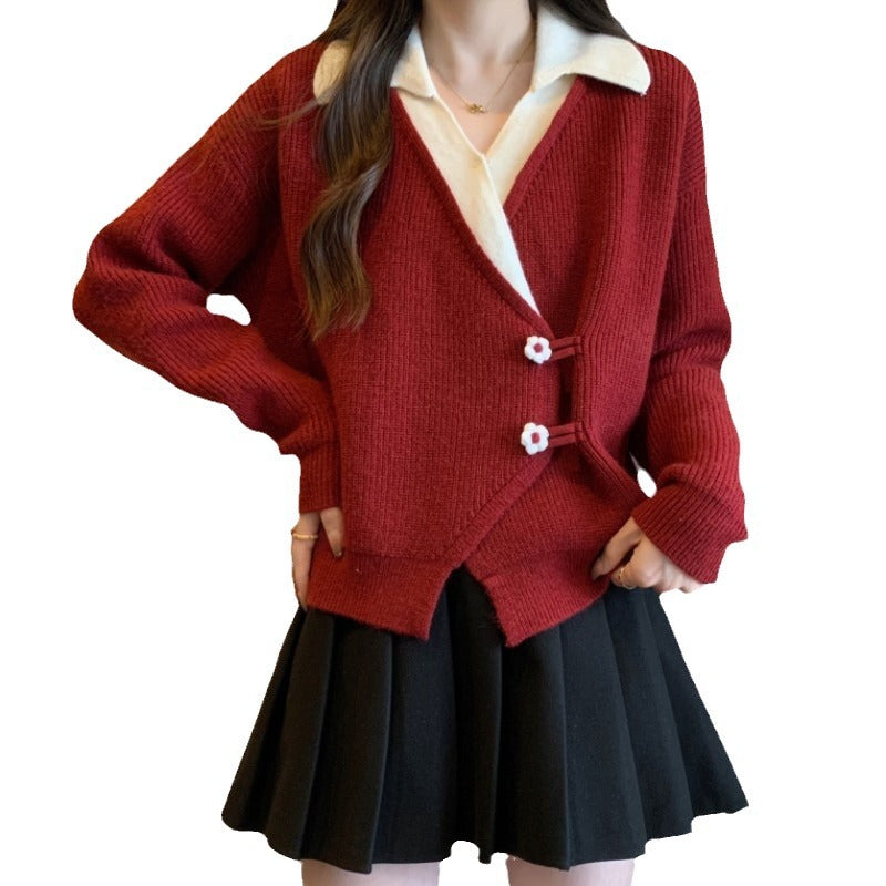 Chinese Style Red Irregular Sweater Coat For Women