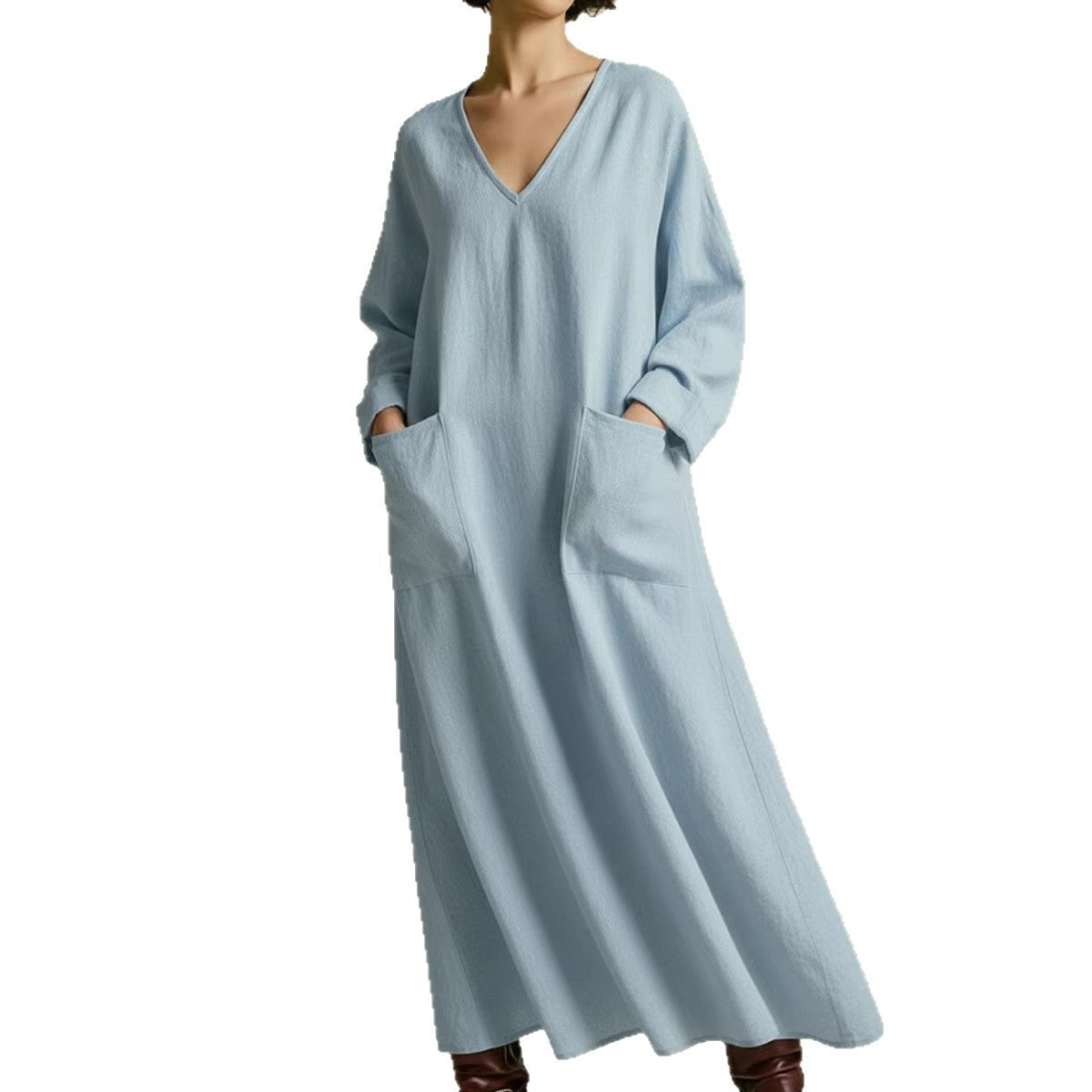 Casual Solid-Colored V-Neck Pocket Long-Sleeve Cotton-Linen Dress