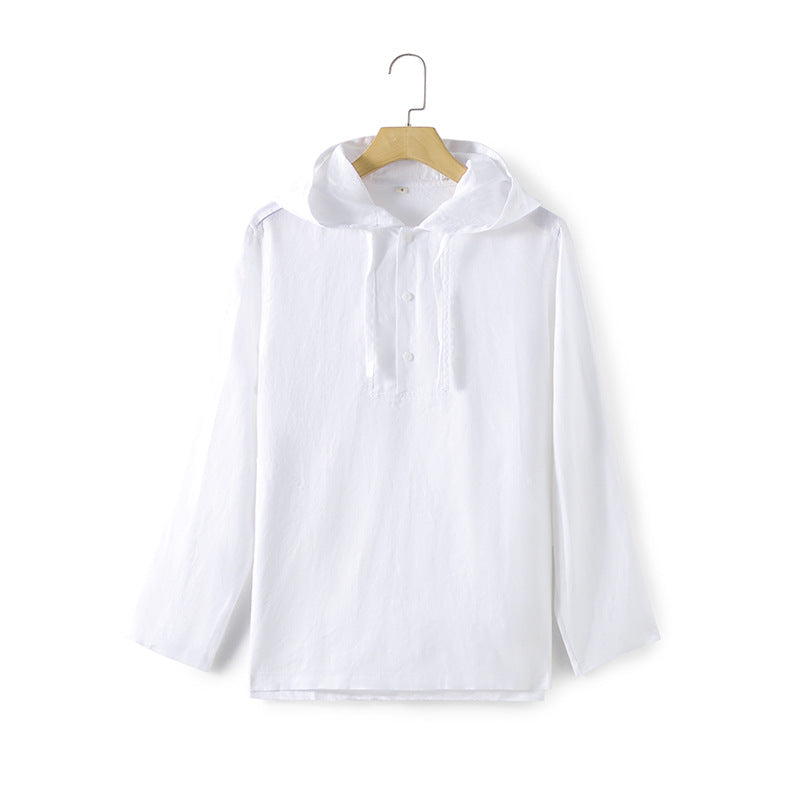 Linen Men's Loose Solid Color Hooded Casual Shirt