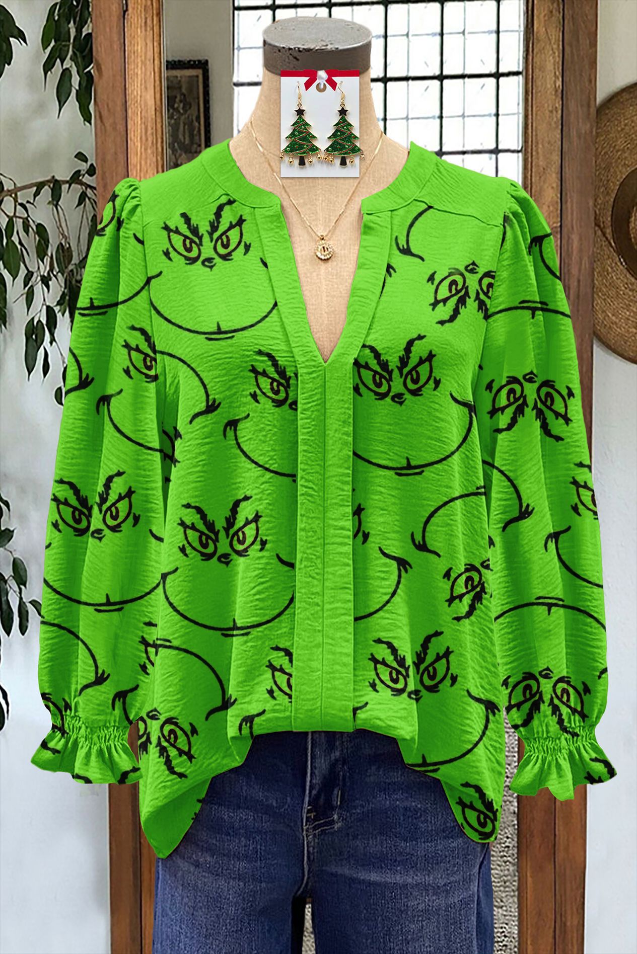 Women's Shirt Loose V-Neck Long Sleeve