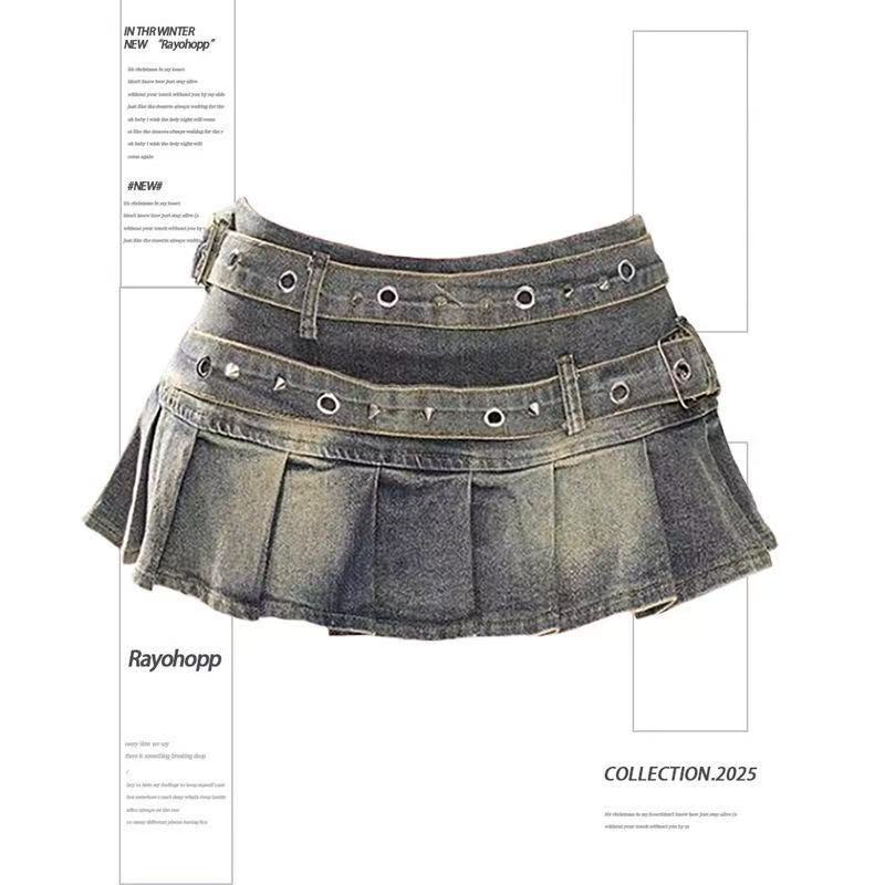 American Retro Large Size Washed Pleated Denim Skirt