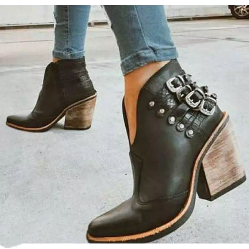 Independent Stand Large Size Pointed Toe Thick Heel Short Tube Side Zipper Wooden
