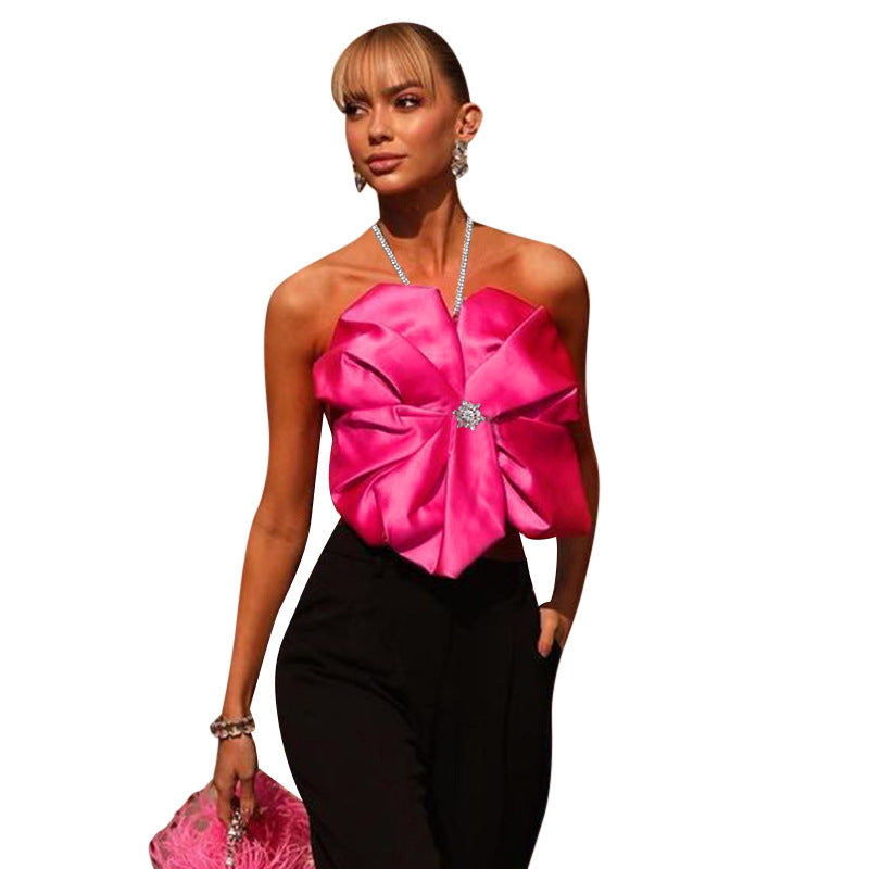 Hanging Neck Large Flower Tie Top Casual Vest