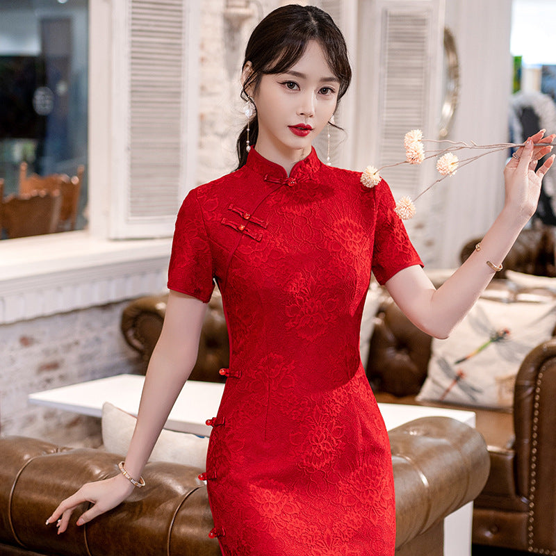 Chinese-style Modified Cheongsam Mid-length Wedding Dress For Engagement