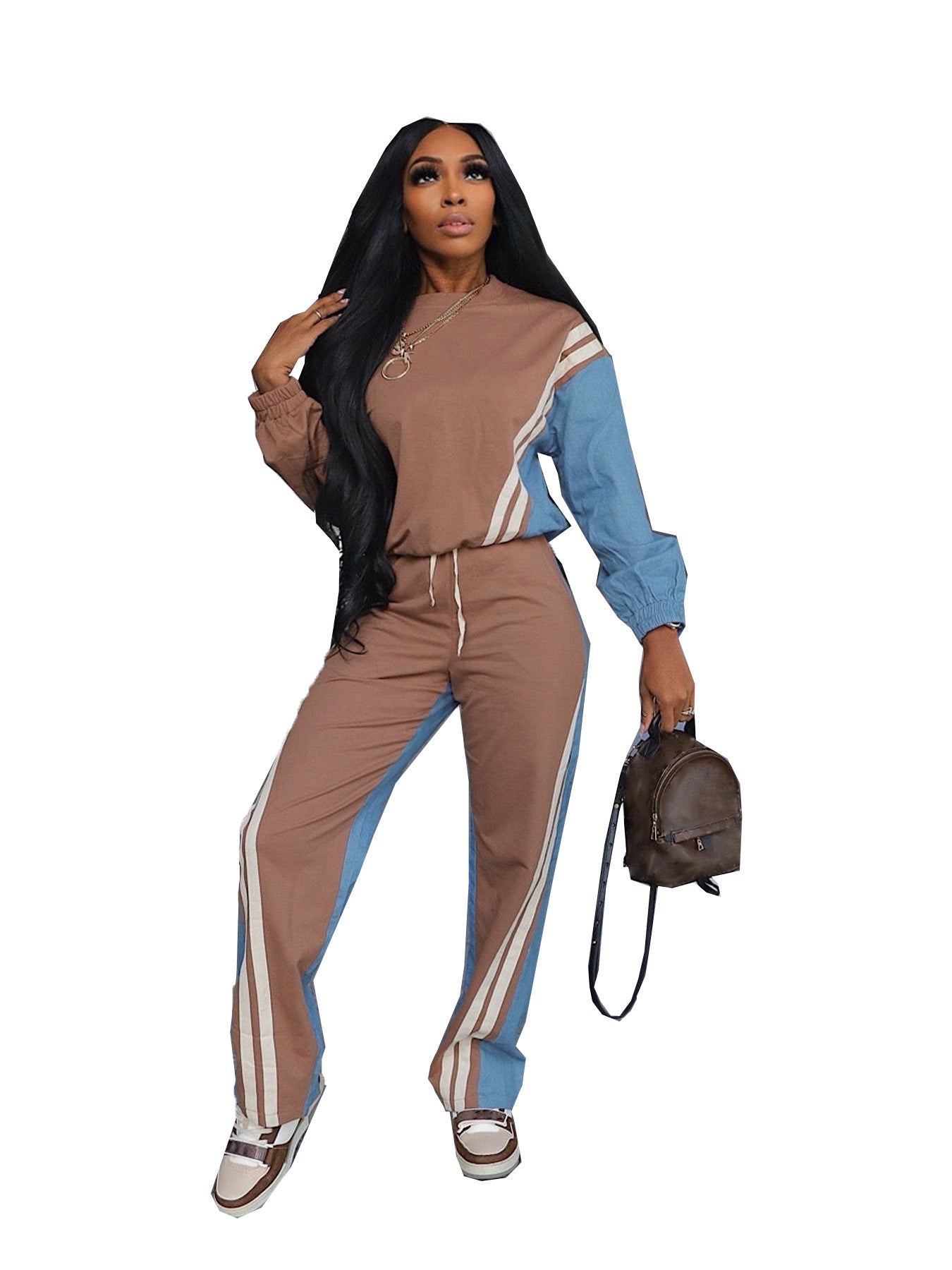 Sporty Color-blocked Faux Denim Striped Long-sleeve Hoodie With Drawstring Pants Two-piece Set