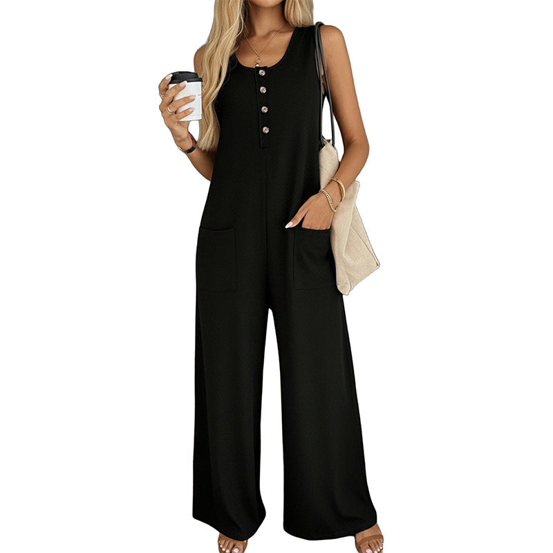 Womens Solid-Color Casual All-Match Jumpsuit