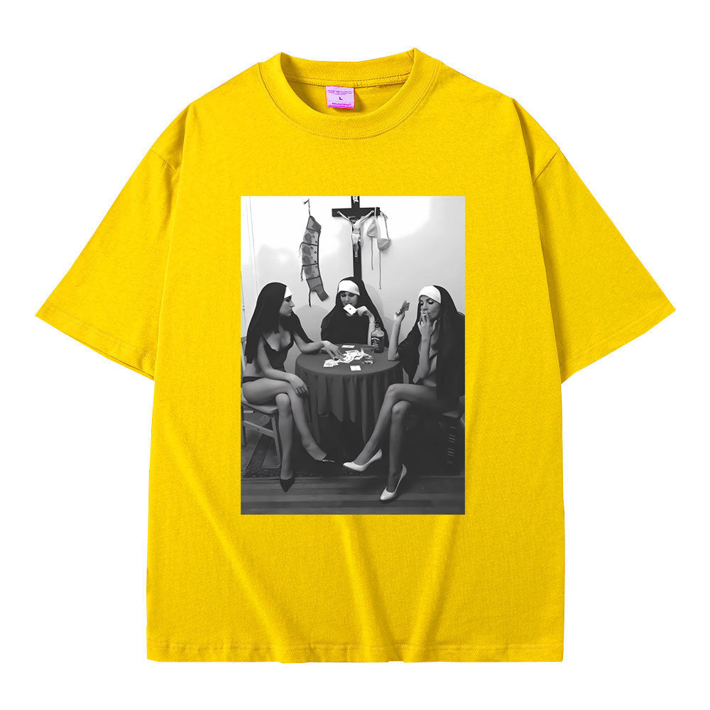 Nuns Naked Playing Card Smoking Drinking Funny Meme T-Shirt