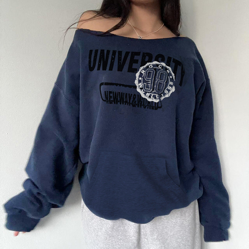 Europæisk og amerikansk stil gade afslappet løs off-shoulder printet sweater