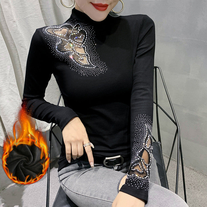 Women's Fleece Turtleneck Lace Hollowed Out Slim Fit Bottoming Shirt