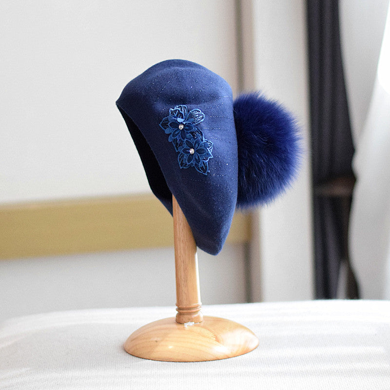 New Wool Double-layer Rhinestone Flower Knitted Beret Women's